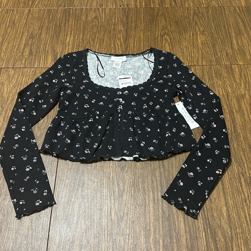Kirious Los Angeles Black Floral Waffle Knit Peplum Top Long Sleeve KT10026 S - Picture 8 of 14